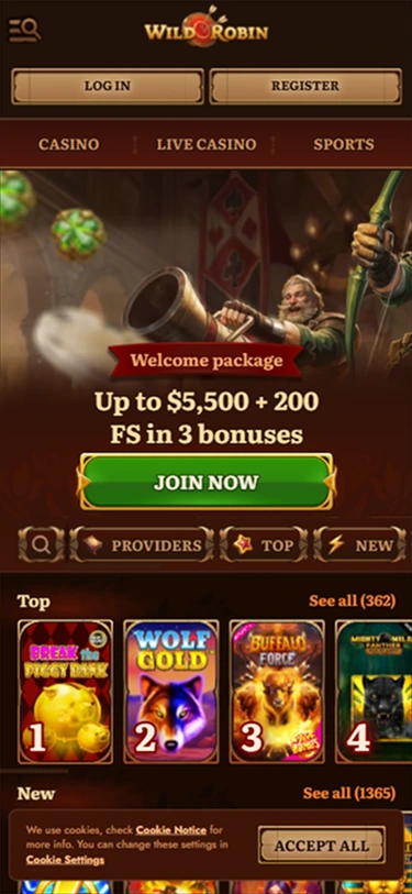 Wild Robin Casino mobile homepage: welcome package with free spins, join now, and access casino, live casino and sports.