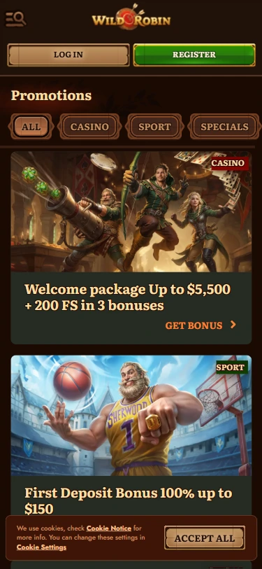 Wild Robin Casino mobile promotions page: welcome package with free spins and first deposit bonus for casino and sports