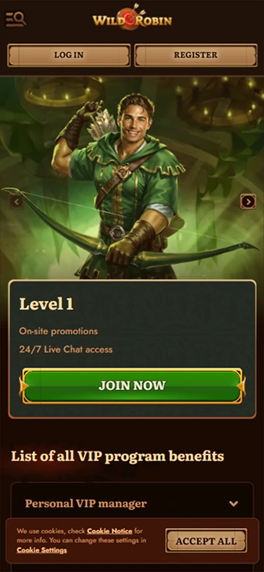 Wild Robin Casino mobile VIP page: join the program to unlock exclusive promotions, live chat support and personal account manager